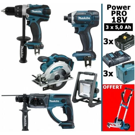 Pack Makita Power PRO 18V: DDF458 DHR202 DSS610 DTD152 Projecteur 3 Batt 5Ah 3 Coffrets OFFERT 1 Chariot Diable MAKITA