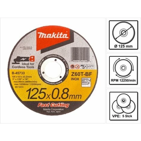 Makita Disques à Tronçonner Métal Et INOX Pour Meuleuses Sans Fil Fast Cutting - 5 Pièces 125 X 0,8 X 22,23 Mm ( B-45733 )