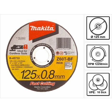 Makita Disques à Tronçonner Métal Et INOX Pour Meuleuses Sans Fil Fast Cutting 10 - Pièces 125 X 0,8 X 22,23 Mm ( B-45733 )