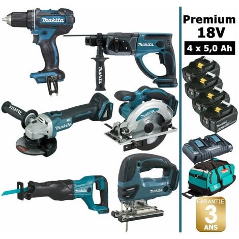 Pack 6 Machines 18V 5Ah (Perceuse DDF482 + Meuleuse DGA504 + Perfo DHR202 + DJR186 + DJV180 + DSS610 + 4 Batt + Sac) MAKITA