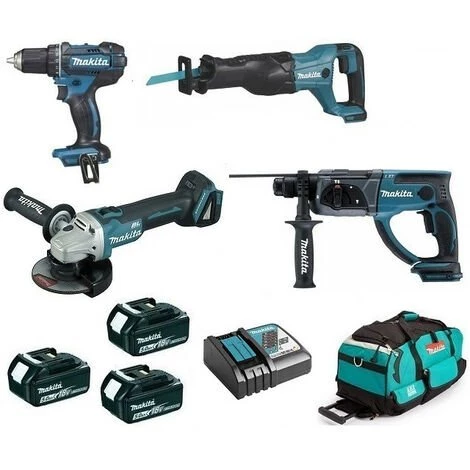 Pack Makita Premium 4 Machines 18V 5Ah: Perceuse DDF482 + Meuleuse DGA504 + Perforateur DHR202 + Scie