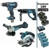 Pack Makita Premium 4 Machines 18V 5Ah: Perceuse DDF482 + Meuleuse DGA504 + Perforateur DHR202 + Scie Circulaire DSS610