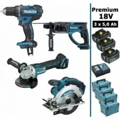 Pack Makita Premium 4 Machines 18V 5Ah: Perceuse DDF482 + Meuleuse DGA504 + Perforateur DHR202 + Scie Circulaire DSS610