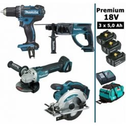 Pack Makita Premium 4 Machines 18V 5Ah: Perceuse DDF482 + Meuleuse DGA504 + Perfo DHR202 + DSS610 + 3 Batt + Sac