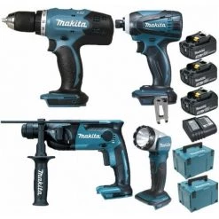 Pack Makita Starter 18V: Perceuse 42Nm DDF453 + Perforateur 1,3J DHR165 + Visseuse à Choc 160Nm DTD146 + Lampe Torche DEADML802