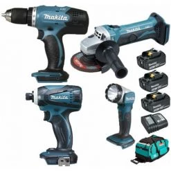 Pack Makita Starter 18V: Perceuse DDF453 + Visseuse 160Nm DTD146 + Meuleuse DGA452 + DEADML802 + 3 Batt 3Ah + Sac Makpac