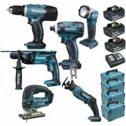 Pack Makita Starter 6 Outils 18V: Perceuse DDF453 + Perfo DHR165 + Visseuse à Choc DTD146 + Scie Sauteuse DJV180 + Scie Récipro