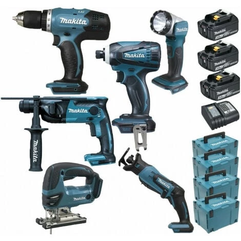 Pack Makita Starter 6 Outils 18V: Perceuse DDF453 + Perfo DHR165 + Visseuse à Choc DTD146 + Scie Sauteuse DJV180 + Scie Récipro