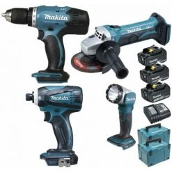 Pack Makita Starter 18V: Perceuse DDF453 + Visseuse 160Nm DTD146 + Meuleuse DGA452 + DEADML802 + 3 Batt 3Ah + Coffrets