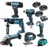 Pack Makita Starter 6 Outils 18V: DDF453 + DHR165 + DGA452 + DTD146 + DJV180 + Lampe + 3 Batt 3Ah + Sac