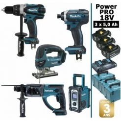 Pack Power PRO Makita 18V: Perceuse 91Nm DDF458 + Perfo 2J DHR202 + Scie Sauteuse 26mm DJV180 + Visseuse à Chocs 165Nm DTD152 +
