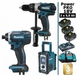 Pack Power PRO Makita 18V: Perceuse 91Nm DDF458 + Visseuse à Chocs 165Nm DTD152 + Radio De Chantier DMR108 + 3 Batt 5Ah + Sac