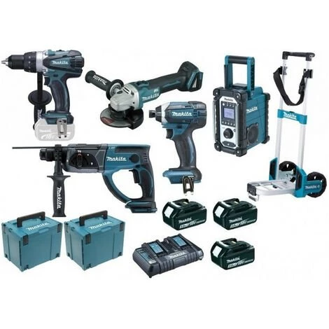 Pack Pro Makita 18V 5Ah: Perceuse 91Nm DDF458 + Meuleuse 125mm DGA504 + Perforateur 2J DHR202 + Visseuse à Chocs 165Nm DTD152 +
