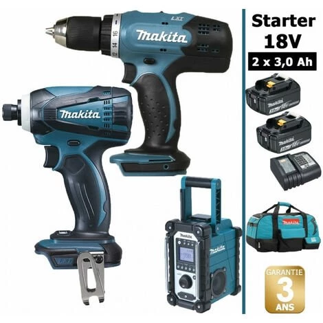 Pack Makita Starter 18V: Perceuse 42Nm DDF453 + Visseuse à Choc 160Nm DTD146 + Radio DMR108 + 2 Batteries 3Ah + Sac MAKITA