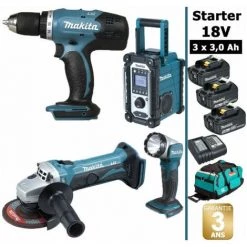 Pack Starter Makita 18V: Perceuse 42Nm DDF453 + Meuleuse 115mm DGA452 + Radio DMR108 + Lampe Torche DEADML802 + 3 Batteries 3Ah
