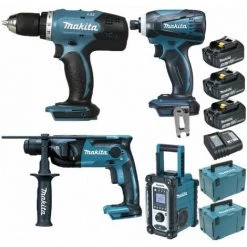Pack Starter Makita 18V: Perceuse DDF453 + Perfo 1,3J DHR165 + Visseuse 160Nm DTD146 + DMR108 + 3 Batt 3Ah + Coffrets