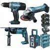 Pack Starter Makita 18V: Perceuse 42Nm DDF453 + Perforateur 1,3J DHR165 + Meuleuse DGA452 + DMR108 + 3 Batteries 3Ah + Coffrets