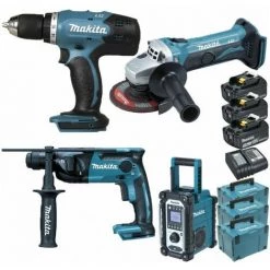 Pack Starter Makita 18V: Perceuse 42Nm DDF453 + Perforateur 1,3J DHR165 + Meuleuse DGA452 + DMR108 + 3 Batteries 3Ah + Coffrets