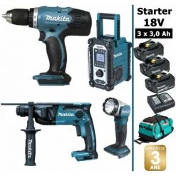 Pack Starter Makita 18V: Perceuse 42Nm DDF453 + Perforateur 1,3J DHR165 + DMR108 + Lampe DEADML802 + 3 Batteries 3Ah + Sac