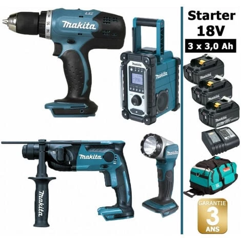 Pack Starter Makita 18V: Perceuse 42Nm DDF453 + Perforateur 1,3J DHR165 + DMR108 + Lampe DEADML802 + 3 Batteries 3Ah + Sac