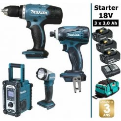 Pack Starter Makita 18V: Perceuse 42Nm DDF453 + Visseuse à Choc 160Nm DTD146 + DMR108 + Lampe DEADML802 + 3 Batteries 3Ah + Sac