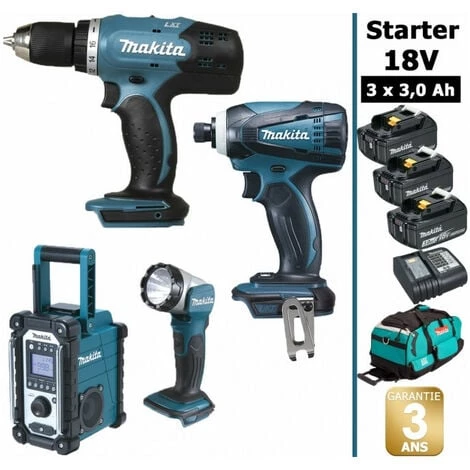 Pack Starter Makita 18V: Perceuse 42Nm DDF453 + Visseuse à Choc 160Nm DTD146 + DMR108 + Lampe DEADML802 + 3 Batteries 3Ah + Sac
