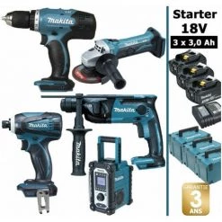 Pack Starter Makita 18V: Perceuse DDF453 + Perfo DHR165 + Meuleuse DGA452 + Visseuse DTD146 + DMR108 + 3 Batt 3Ah + 3 Coffrets