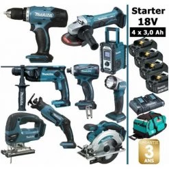 Pack Starter Makita 9 Outils 18V: DDF453 DHR165 DGA452 DTD146 DJV180 DSS610 DJR183 DMR108 DEADML802 4 Batt 3Ah Sac