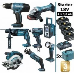 Pack Starter Makita 8 Outils 18V: DDF453 DHR165 DGA452 DTD146 DSS610 DJR183 DMR108 DEADML802 4 Batt 3Ah 5 Coffrets