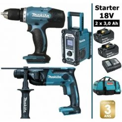Pack Starter Makita 18V: Perceuse 42Nm DDF453 + Perforateur 1,3J DHR165 + Radio DMR108 + 2 Batteries 3Ah + Sac