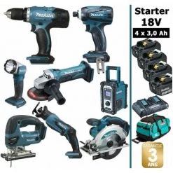 Pack Starter Makita 8 Outils 18V: DDF453 + DGA452 + DTD146 + DJV180 + DSS610 + DJR183 + DMR108 + DEADML802 + 4 Batt 3Ah + Sac