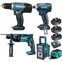 Pack Starter Makita 18V: Perceuse 42Nm DDF453 + Perforateur 1,3J DHR165 + Visseuse 160Nm DTD146 + DMR108 + 3 Batteries 3Ah + Sac