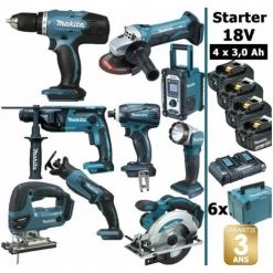 Pack Starter Makita 9 Outils 18V: DDF453 DHR165 DGA452 DTD146 DJV180 DSS610 DJR183 DMR108 DEADML802 4 Batt 3Ah 6 Coffrets
