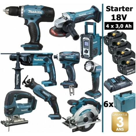 Pack Starter Makita 9 Outils 18V: DDF453 DHR165 DGA452 DTD146 DJV180 DSS610 DJR183 DMR108 DEADML802 4 Batt 3Ah 6 Coffrets