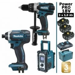 Pack Power PRO Makita 18V: Perceuse 91Nm DDF458 + Visseuse à Chocs 165Nm DTD152 + Radio DMR108 + 3 Batt 5Ah + Coffret MAKPAC