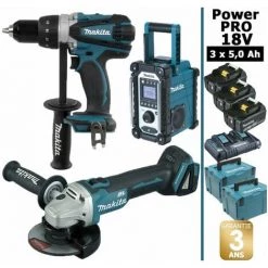 Pack Power PRO Makita 18V: Perceuse 91Nm DDF458 + Meuleuse 125mm DGA504 + Radio De Chantier DMR108 + 3 Batt 5Ah + 2 Coffrets