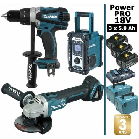 Pack Power PRO Makita 18V: Perceuse 91Nm DDF458 + Meuleuse 125mm DGA504 + Radio De Chantier DMR108 + 3 Batt 5Ah + 2 Coffrets