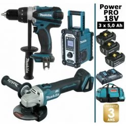 Pack Power PRO Makita 18V: Perceuse 91Nm DDF458 + Meuleuse 125mm DGA504 + Radio De Chantier DMR108 + 3 Batt 5Ah + Sac