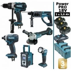 Pack Power PRO Makita 6 Outils 18V: DDF458 + DTD152 + DGA504 + DHR202 + DMR108 + Lampe + 3 Batt 5Ah + 3 Coffrets