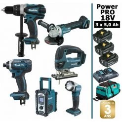 Pack Power PRO Makita 6 Outils 18V: DDF458 + DTD152 + DGA504 + DJV180 + DMR108 + Lampe + 3 Batt 5Ah + Sac