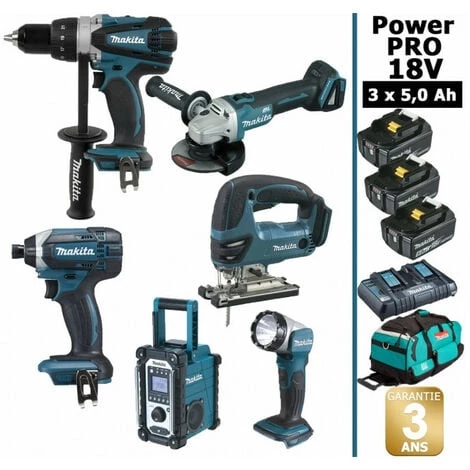 Pack Power PRO Makita 6 Outils 18V: DDF458 + DTD152 + DGA504 + DJV180 + DMR108 + Lampe + 3 Batt 5Ah + Sac