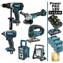 Pack Makita Power PRO 6 Outils 18V: DDF458 + DTD152 + DGA504 + DJV180 + DMR108 + Projecteur + 3 Batt 5Ah + 3 Coffrets
