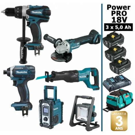 Pack Makita Power PRO 6 Outils 18V: DDF458 + DTD152 + DGA504 + DJR186 + DMR108 + Projecteur + 3 Batt 5Ah + Sac