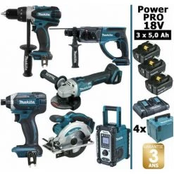 Pack Makita Power PRO 6 Outils 18V: DDF458 + DHR202 + DGA504 + DTD152 + DSS610 + DMR108 + 3 Batt 5Ah + 4 Coffrets