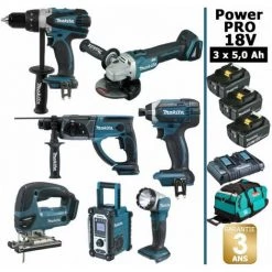Pack Makita Power PRO 7 Outils 18V: DDF458 + DHR202 + DTD152 + DGA504 + DJV180 + DMR108 + DEADML802 + 3 Batt 5Ah + Sac