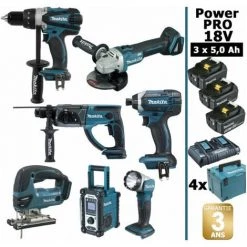 Pack Makita Power PRO 7 Outils 18V: DDF458 + DHR202 + DTD152 + DGA504 + DJV180 + DMR108 + DEADML802 + 3 Batt 5Ah + 4 Coffrets