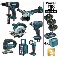 Pack Makita Power PRO 7 Outils 18V: DDF458 + DGA504 + DTD152 + DJV180 + DSS610 + DMR108 + DEADML802 + 3 Batt 5Ah + 4 Coffrets
