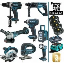 Pack Makita Power PRO 8 Outils 18V: DDF458 + DHR202 + DGA504 + DTD152 + DJV180 + DSS610 + DMR108 + DEADML802 + 4 Batt 5Ah + Sac