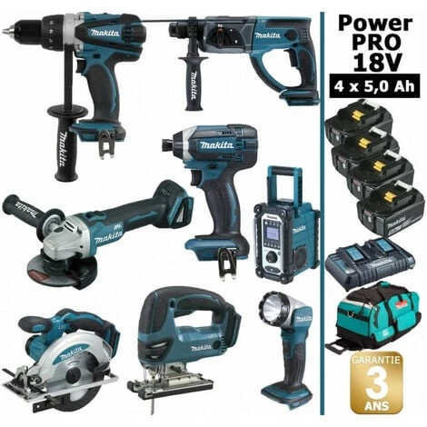 Pack Makita Power PRO 8 Outils 18V: DDF458 + DHR202 + DGA504 + DTD152 + DJV180 + DSS610 + DMR108 + DEADML802 + 4 Batt 5Ah + Sac