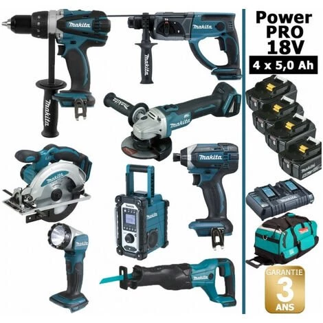 MAKITA Pack Power PRO 8 Outils 18V: Perceuse DDF458 + Perfo DHR202 + Meuleuse DGA504 + Visseuse à Choc DTD152 + Scie Circulaire DSS610